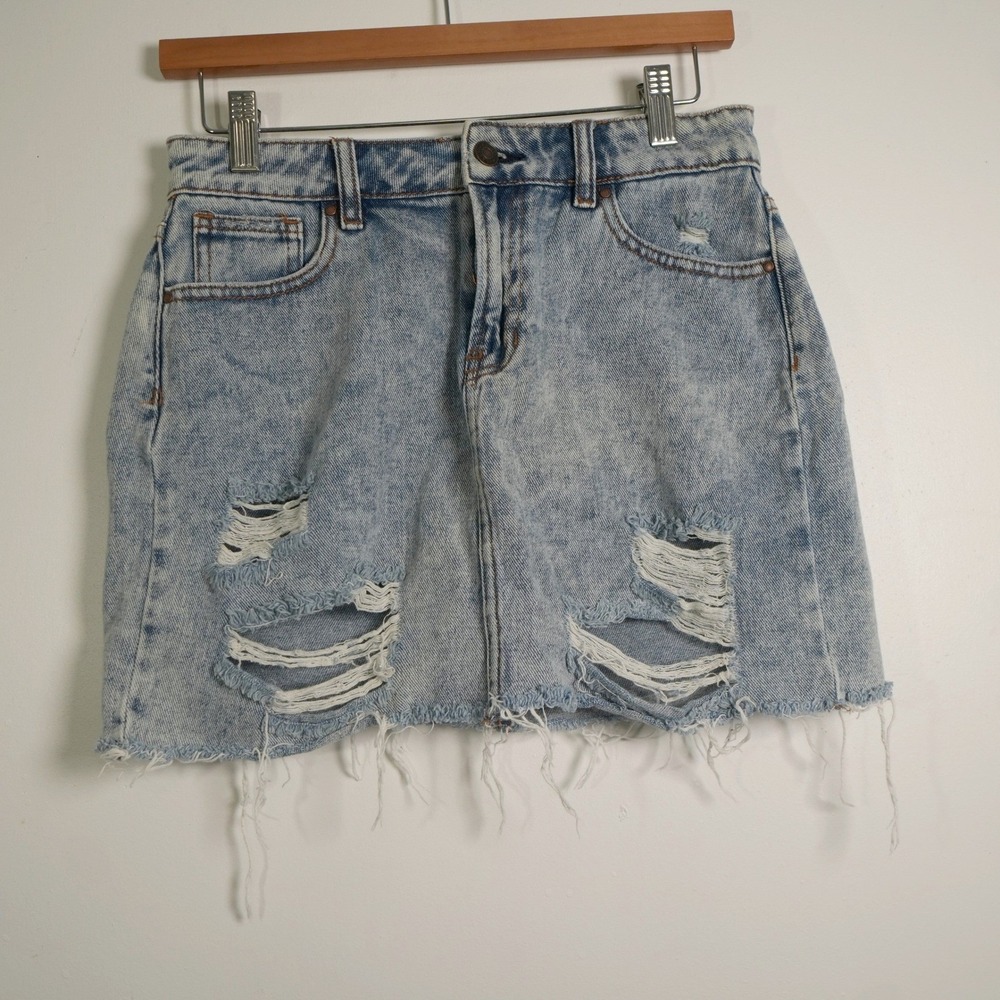 PacSun Denim Mini Skirt Y2K 25 Blue Distressed Acid Wash Raw Hem High Rise